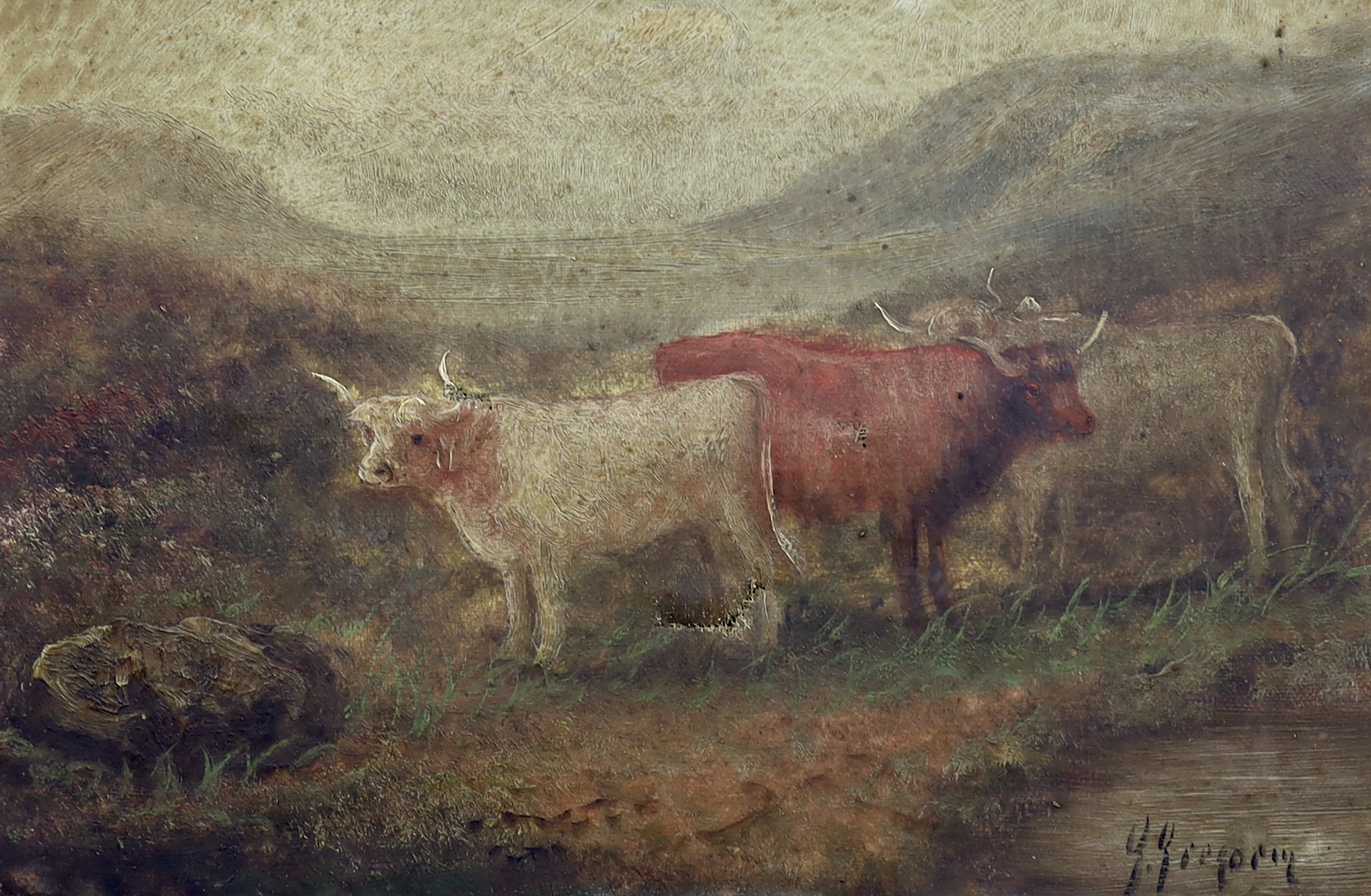 George Gregory (British, 19th C.), Highland cattle in a landscape, oil on canvas, 20 x 29cm